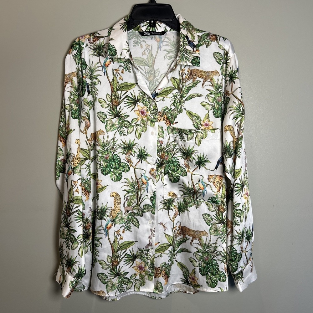 Zara XL Satin Jungle Theme Leopard Bird Tropical Button Up Top